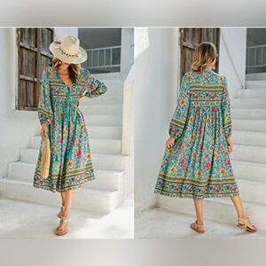 R.VIVIMOS BOHO CHIC TASSEL TIE V NECK LOOSE FLOWY TUNIC DRESS Sz.2XL